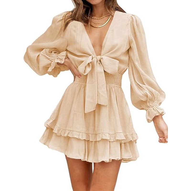 V-neck Ruffled Slimming Long Sleeves Short A- Line Dress