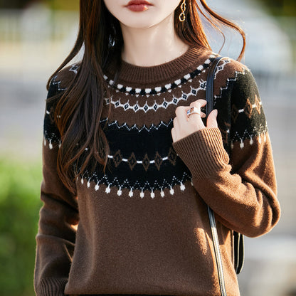 Jacquard Round Neck Multicolor Sweater For Women
