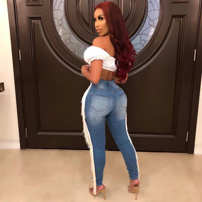 Ladies' Ripped Tassel Jeans, Fashionable And Personalized Street Style Denim Pants, Pencil Pants, And Leggings