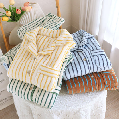 Striped Flannel Couple Lapel Pajamas Suit